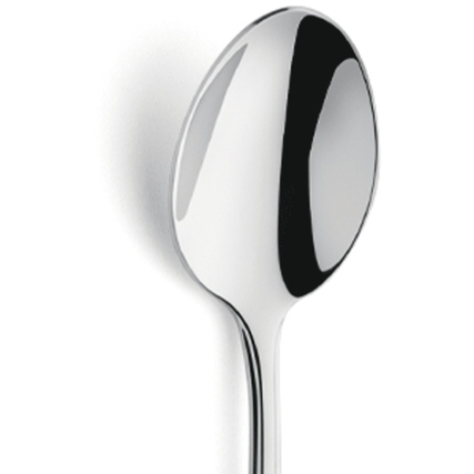 Espressolöffel mit glänzender Oberfläche und schmalem Griff in Seitenansicht.