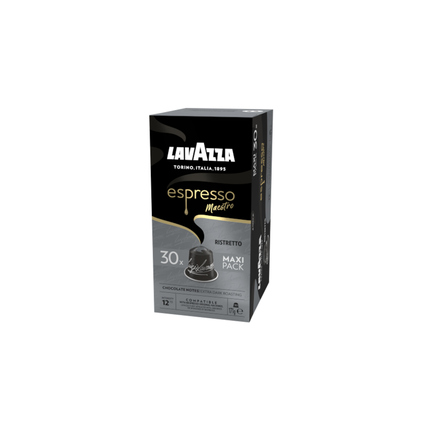 Packung mit 30 Lavazza Ristretto Espressokapseln in schwarzer Verpackung.