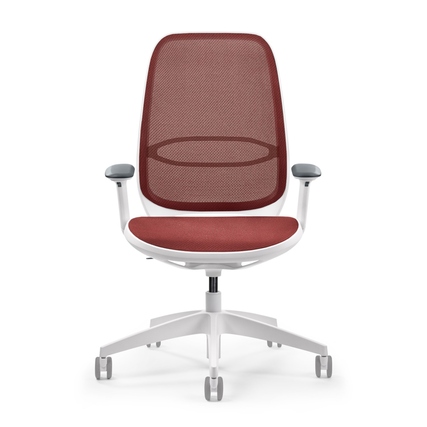 Roter Bürodrehstuhl mit weißem Gestell und atmungsaktiver Netzrückenlehne, frontal aufgenommen.