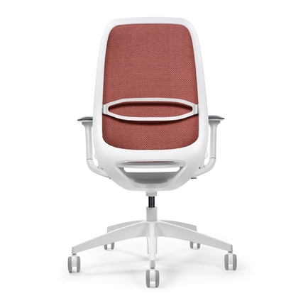 Bürodrehstuhl mit rot-weißem Design und hoher Rückenlehne, Ansicht von hinten.