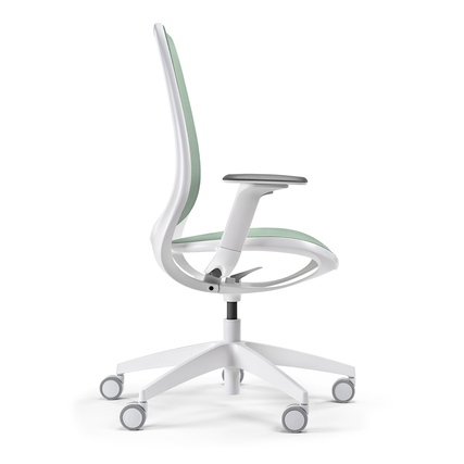 Grüner und weißer Bürodrehstuhl im modernen Design, seitlich mit Kinetic-Swing-Mechanik.