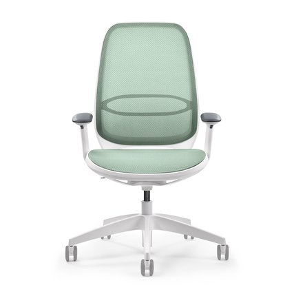 Bürodrehstuhl in grün/weiß mit luftdurchlässiger Strickmembran und höhenverstellbarer Rückenlehne.