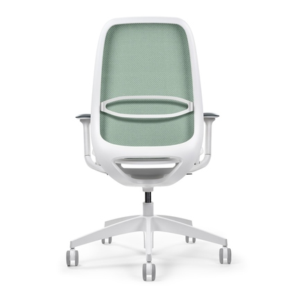 Bürodrehstuhl in grün/weiß mit luftdurchlässiger Rückenlehne, Sicht von hinten.