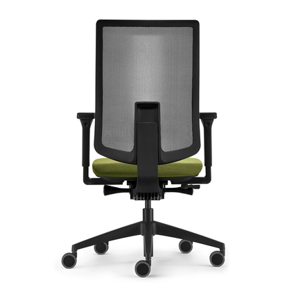 Bürodrehstuhl mit grüner Sitzfläche und Netzrückenlehne, Rückansicht.