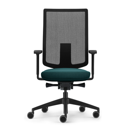 Bürodrehstuhl mit grünem Sitz, höhenverstellbarer Rückenlehne und Armlehnen, frontal abgebildet.