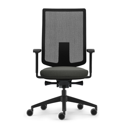 Bürodrehstuhl mit höhenverstellbarer Rückenlehne und Armlehnen in anthrazit.