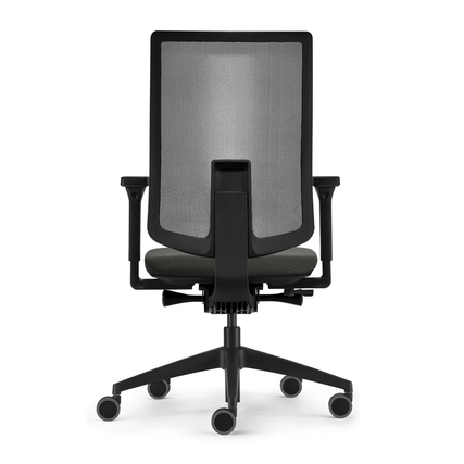 Rückansicht eines anthrazitfarbenen Bürodrehstuhls mit atmungsaktiver Rückenlehne und Armlehnen.