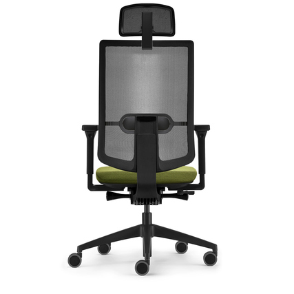 Bürodrehstuhl mit Kopfstütze, Rückenlehne aus Netzstoff und grüner Sitzfläche, Rückansicht.