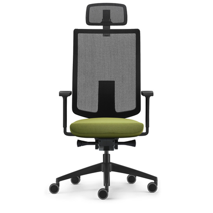 Bürodrehstuhl mit Kopfstütze und grüner Sitzfläche, Ansicht von vorne.
