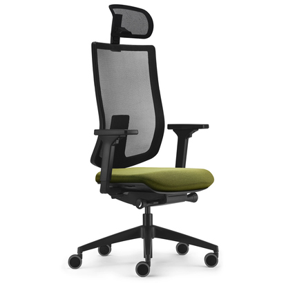 Bürodrehstuhl mit grüner Sitzfläche, Rückenlehne aus Netzstoff und Kopfstütze in Seitenansicht.