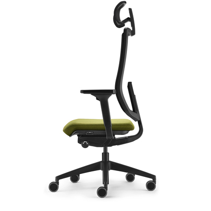 Bürodrehstuhl mit Kopfstütze, seitliche Ansicht, grüne Sitzfläche und schwarze Struktur.