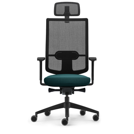 Bürodrehstuhl mit Kopfstütze, schwarzem Gestell und petrolfarbener Sitzfläche, Frontalansicht.