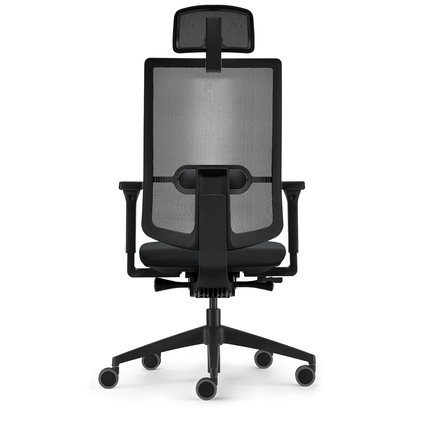 Bürodrehstuhl in dunkelblau mit Kopfstütze und atmungsaktiver Rückenlehne, Rückansicht.