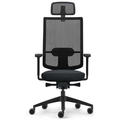 Drehstuhl mit Kopfstütze und atmungsaktiver Rückenlehne in dunkelblau, frontale Ansicht.