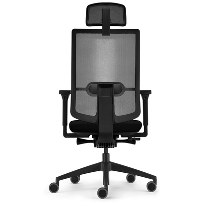 Bürodrehstuhl mit Kopfstütze und Netzrückenlehne in schwarz, Ansicht von hinten.