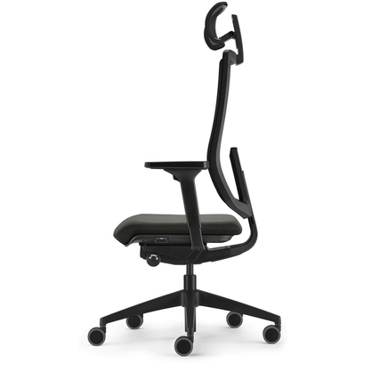 Bürodrehstuhl mit Kopfstütze in anthrazit, Seitenansicht zeigt Rückenlehne und Sitzfläche.