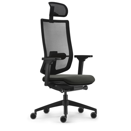 Anthrazitfarbener Bürodrehstuhl mit Kopfstütze und höhenverstellbarer Rückenlehne in Seitenansicht.