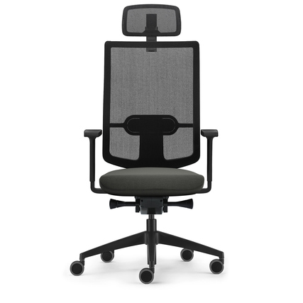 Bürodrehstuhl mit Kopfstütze, Rückenlehne aus Netzstoff, gepolsterter Sitz in Anthrazit.