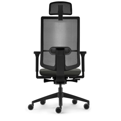 Bürodrehstuhl mit Kopfstütze, Rückenlehne aus Netzstoff, in schwarzer Farbe, Ansicht von hinten.