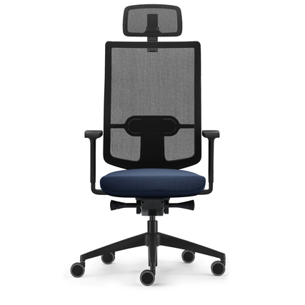 Bürodrehstuhl mit Kopfstütze, Rückenlehne aus Netz und blauer Sitzfläche, Vorderansicht.