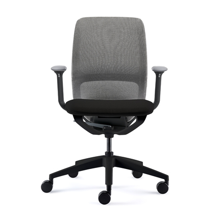 Bürodrehstuhl mit gepolstertem Sitz und luftdurchlässiger Rückenlehne in grau-schwarz.