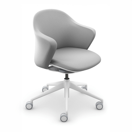 Hellgrauer Bürodrehstuhl mit armlehnen, 360° drehbar und auf einem weißen Fußgestell.