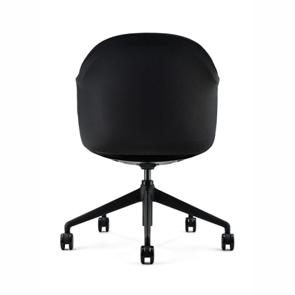 Schwarzer Bürodrehstuhl mit ergonomischem Design, Seitenansicht von hinten.