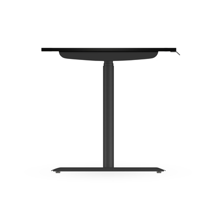 Schreibtisch mit höhenverstellbarem Gestell in Seitansicht, schwarz mit abgerundeter Kante.