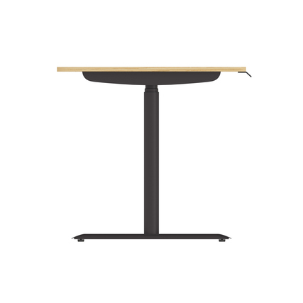 Höhenverstellbarer Schreibtisch in hellen Eiche- und schwarzen Farben, seitliche Ansicht.