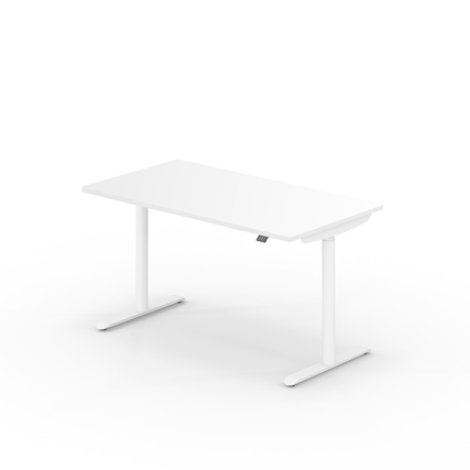 Höhenverstellbarer Schreibtisch in naturweiß mit modernem Design und Handschalter links.