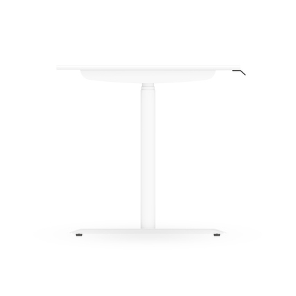 Höhenverstellbarer Schreibtisch in naturweiß mit abgerundeten Ecken, seitliche Ansicht.