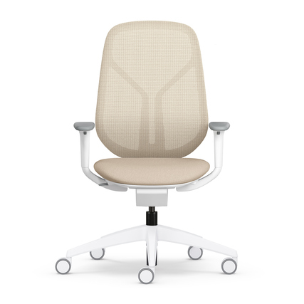 Bürodrehstuhl in cremefarbenem Bezug und weißem Gestell, ohne Kopfstütze und mit Armlehnen.