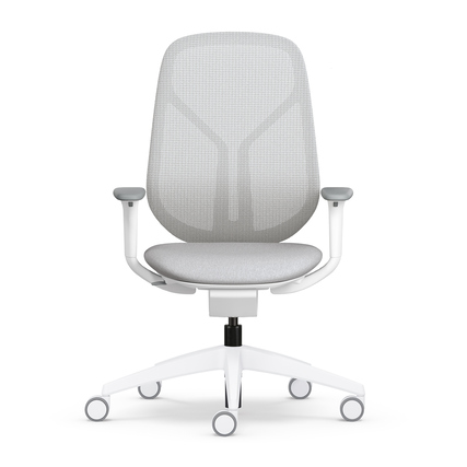 Grauer Bürodrehstuhl mit 2-D Armlehnen und weißem Fuß, ohne Kopfstütze, frontal abgebildet.
