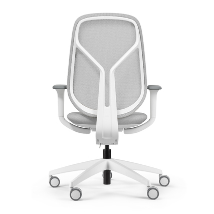 Bürodrehstuhl in Grau ohne Kopfstütze, Ansicht von hinten mit weißen Armlehnen und Fußkreuz.