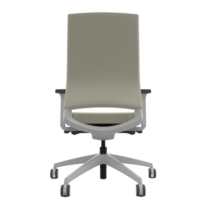 Bürodrehstuhl mit hoher Rückenlehne in creme hellgrau, von vorne betrachtet.