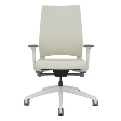 Bürodrehstuhl in creme hellgrau mit hoher Rückenlehne und verstellbaren Armlehnen.