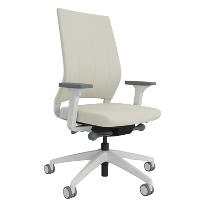 Bürodrehstuhl mit cremefarbenem Polster, weißem Gestell und 2D-Armlehnen, frontal sichtbar.