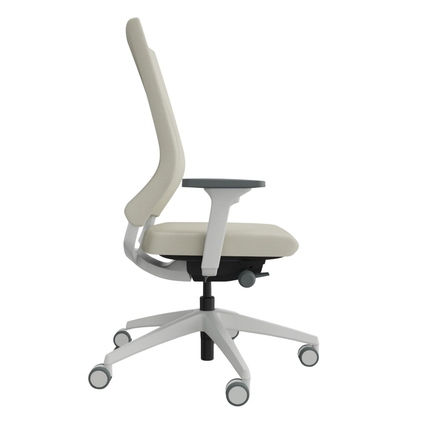 Bürodrehstuhl in creme hellgrau mit gepolsterter Rückenlehne, seitliche Ansicht.