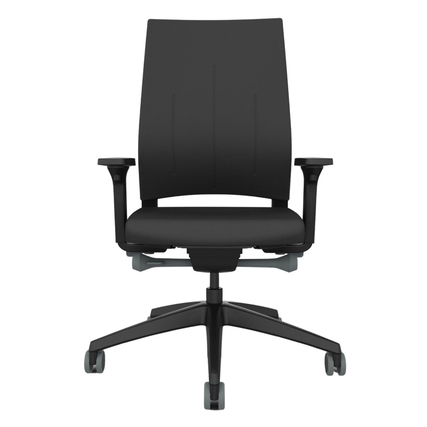 Schwarzer Bürodrehstuhl mit gepolsterter Rückenlehne und höhenverstellbaren Armlehnen.