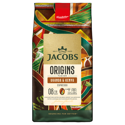Verpackung von Jacobs Espresso Origins Uganda & Kenia mit bunten Grafiken und Produktdetails.