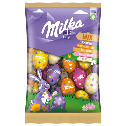 Milka Schokolade Ostereier Alpenmilch, Weisse Praline Creme, Nuss-Crisp, Knusper-Creme, Weisse Schokolade 350 g/Pack.