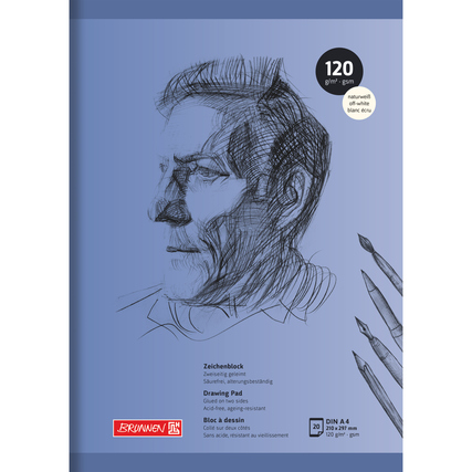 Zeichenblock DIN A4 mit 120g/m² Papier und Bleistiftzeichnungen auf der Vorderseite.