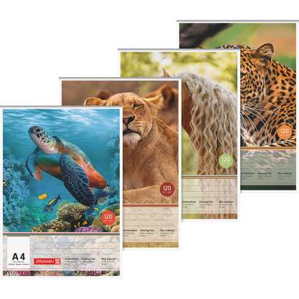 Zeichenblock DIN A4 mit verschiedenen Tiermotiven auf dem Cover.
