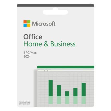 Verpackung von Microsoft Office Home & Business 2024 mit Diagramm und Installationshinweisen.