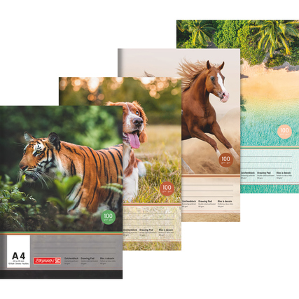 Vier Zeichenblöcke mit jeweils unterschiedlichen Tiermotiven auf der Vorderseite, DIN A4.