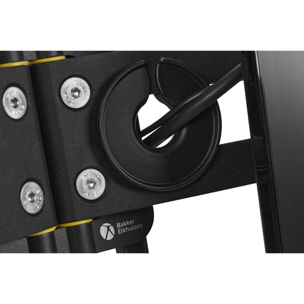 Nahaufnahme des Monitorerweiterungsarms mit Kabelmanagement und Justierungselementen.