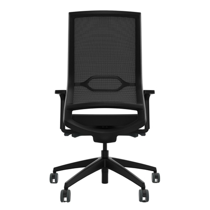 Bürodrehstuhl mit hoher, atmungsaktiver Rückenlehne und 5-Sternfuß mit Rollen, Frontansicht.