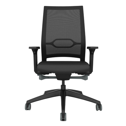 Schwarzer Bürodrehstuhl mit hoher Rückenlehne und 2D-Armlehnen, frontal abgebildet.