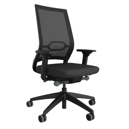 Schwarzer Bürodrehstuhl mit hoher Rückenlehne und 2D-Armlehnen auf einem Rollgestell.