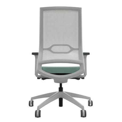 Weißgrüner Bürodrehstuhl mit hoher, atmungsaktiver Rückenlehne und fünf Rollen.